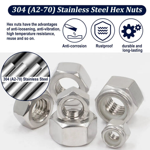345 Piece SAE Hex Nut and Lock Nut Kit in 304 Stainless Steel with hex nuts showcasing rustproof and anti-corrosion features.