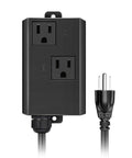 Front view of Amazon BISS automatic vacuum switch in black plastic with two NEMA 5-15 outlets labeled A and B