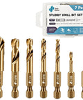 Real Deal M35 Cobalt Stubby Drill Bit Set With 1/4 Inch Hex Shank and Premium Heat Resistance, 7 pieces in a case.