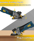 Enventor mini circular saw blue corded with laser guide, 3-1/2 inch blade, adjustable cutting depth.