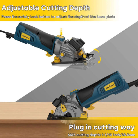 Enventor mini circular saw blue corded with laser guide, 3-1/2 inch blade, adjustable cutting depth.