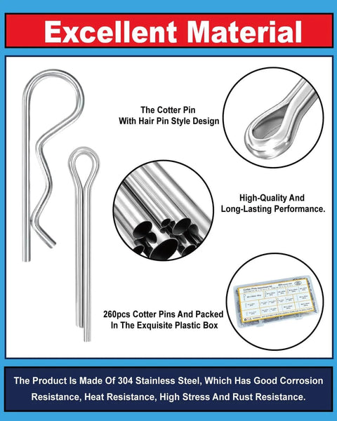 All In One 260 Piece Cotter Pins Kit With 16 Sizes Premium 304 Stainless Steel Hardware Pins Set For Automotive Trailer Hitch Lawn Mower And More Durable Hitch Clip Assortment In Sturdy Plastic Box