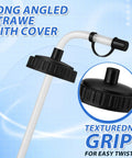 Close-up of black cap with textured grip and long angled straw for 6 Pack Lacrosse Water Bottles With Extra Long Straws And Caps 1 Liter BPA Free Reusable Hydration Bottles For Teams Men Women Players Gift Set For Training And Game Day.