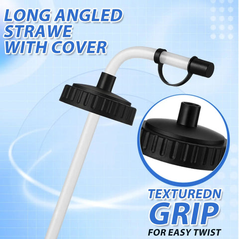 Close-up of black cap with textured grip and long angled straw for 6 Pack Lacrosse Water Bottles With Extra Long Straws And Caps 1 Liter BPA Free Reusable Hydration Bottles For Teams Men Women Players Gift Set For Training And Game Day.