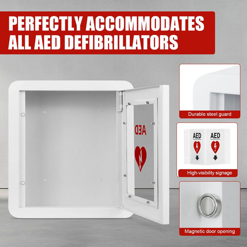Front view of Amazon Tripolss white steel wall-mount AED cabinet with open door and inner AED label.