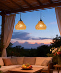 Rechargeable Cordless Outdoor Chandelier 2 Pack Colorful Hanging Pendant Lights With Remote No Wiring For Yard Gazebo Super Slick Night Vibes Easy Install Lowkey Awesome Setup, two woven lights above cozy patio seating.