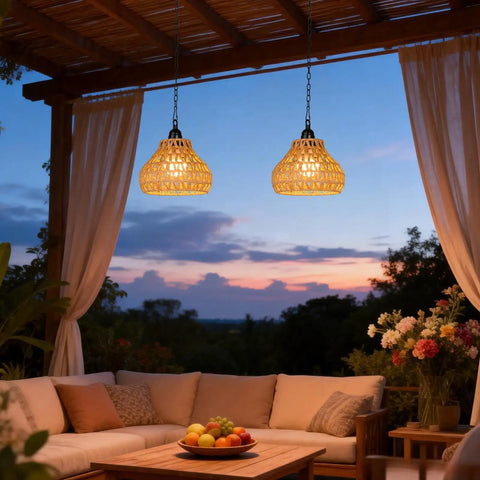 Rechargeable Cordless Outdoor Chandelier 2 Pack Colorful Hanging Pendant Lights With Remote No Wiring For Yard Gazebo Super Slick Night Vibes Easy Install Lowkey Awesome Setup, two woven lights above cozy patio seating.