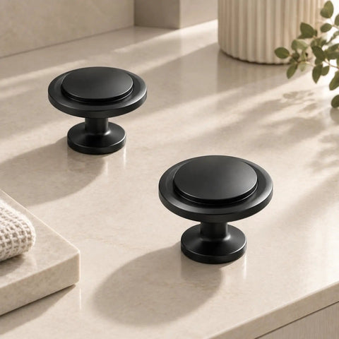 Slick Matte Black Cabinet Knobs Heavy Duty Zinc Alloy, round shape, smooth grip, suitable for cupboards and drawers.