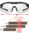 Anti Fog Tactical Shooting Glasses For Men Built Tough Military Grade Ballistic Eye Protection For Range Swat Medical And Dental Use ANSI Z87.1 Plus OSHA Compliant MIL PRF 32432A Tested Durable Frame, front view with size chart