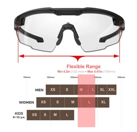 Anti Fog Tactical Shooting Glasses For Men Built Tough Military Grade Ballistic Eye Protection For Range Swat Medical And Dental Use ANSI Z87.1 Plus OSHA Compliant MIL PRF 32432A Tested Durable Frame, front view with size chart