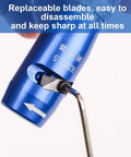 Close-up of Premium Cord Drill Wire Stripper And Cable Sheathing Crimper Tool showing replaceable blades and adjustment feature.