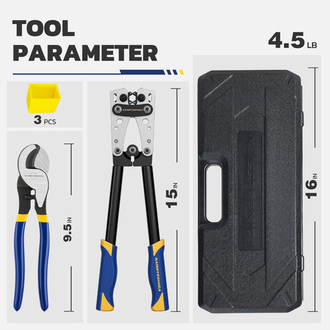 Pro Grade Heavy Duty Battery Cable Crimping Tool Kit With Ratchet Hex Extended Handle For 8,6,4,2,1,1/0 AWG Copper Lugs