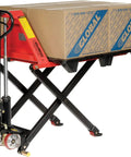 Real Deal Heavy Duty Manual High Lift Skid Jack Truck For Single Faced Pallets With Wide Poly Steer Wheels And Smooth Roll Out 2200 Lb Capacity vibrant red jack lifting pallets.