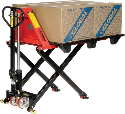 Real Deal Heavy Duty Manual High Lift Skid Jack Truck For Single Faced Pallets With Wide Poly Steer Wheels And Smooth Roll Out 2200 Lb Capacity vibrant red jack lifting pallets.
