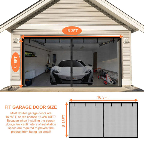 Heavy Duty Magnetic Garage Screen Door For 2 Car Garage 16 By 8 Feet Built Tough From Fiberglass Mesh illustration
