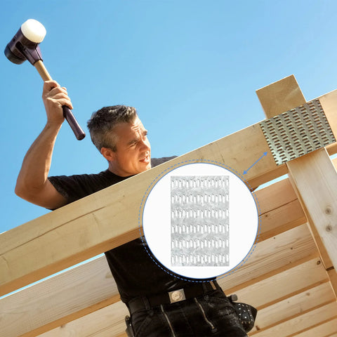 Worker installing Ten Pack Truss Plates 4x6 Inch Pronged Mending Plates With Nail Teeth on wooden trusses, steel hot dip galvanized finish.