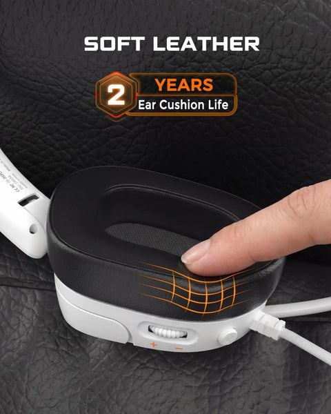 Finger touching earmuff of Lightweight Gaming Headset With Crisp Sound And Clear Unidirectional Mic For PS5 PS4 Xbox Series X S Xbox One And Nintendo Switch Weighs 250 Grams With Soft Memory Earmuffs And Three Point Five Millimeter Audio Jack For All Day Gaming And Work