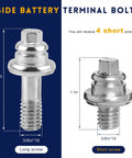 Four Piece Side Battery Terminal Bolts Featuring 3/8 Inch 16 Thread Fitment And Heavy Duty Carbon Steel Battery Post Extension Screws For Cars showing long and short screws.