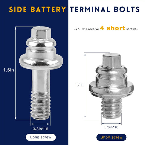 Four Piece Side Battery Terminal Bolts Featuring 3/8 Inch 16 Thread Fitment And Heavy Duty Carbon Steel Battery Post Extension Screws For Cars showing long and short screws.
