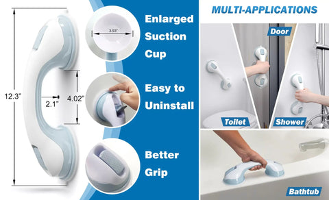 Heavy Duty Grab Bars 12 Inch 2 Pack ADA Compliant Shower Safety Handrails for seniors, shown on door, shower, and bathtub surfaces.