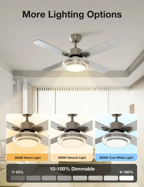 44 Inch Ceiling Fan With Remote And Light, Dope Dimmable LED, displaying color temp options from warm to cool in living room