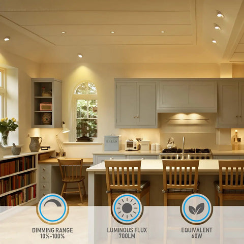 Modern kitchen with 4 Inch LED Gimbal Retrofit Recessed Lighting Kit, Dimmable, 5 CCT Selectable 2700K To 5000K, CRI90 lighting.