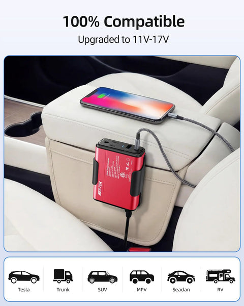 Premium Tailgate Ready 150W Car Power Inverter With Dc To Ac Converter plugged into car console with phone charging.