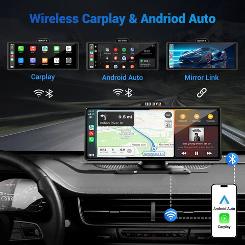 Wireless CarPlay Screen With 4K Dash Cam And 10.26 Inch Portable Touchscreen for Cars with display showing GPS navigation.