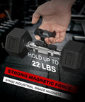 Magnetic Gym Phone Holder With Alloy Base And Joint, 360 Degree Adjustable, Strong 22 Lb Grip, shown holding a 5kg dumbbell