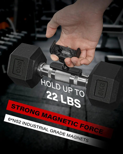Magnetic Gym Phone Holder With Alloy Base And Joint, 360 Degree Adjustable, Strong 22 Lb Grip, shown holding a 5kg dumbbell