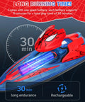 Spider Hero RC Boat 2.4GHz Remote Control Boat With LED Lights For Kids, shown with dual batteries and 30-minute runtime
