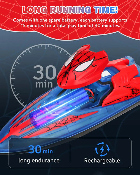 Spider Hero RC Boat 2.4GHz Remote Control Boat With LED Lights For Kids, shown with dual batteries and 30-minute runtime