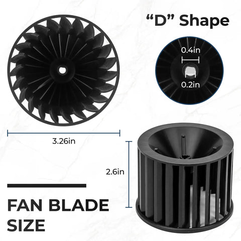 Replacement Bathroom Vent Fan Motor Blower Assembly For Heaters 162E 164E Series fan blade size and "D" shape detail
