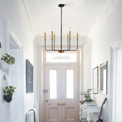 Modern Farmhouse Black And Gold 6 Light Candle Chandelier With Adjustable Height Chain And Rods Ceiling Light Fixture in hallway