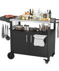 Outdoor Grill Cart With Large Storage And Foldable Stainless Steel Top Wheels And Towel Rack Bottle Opener Trash Rack 6 S Hooks Portable Bar Table And Pizza Oven Table For Patio Kitchen Island Bbq Black with utensils hanging and items on top