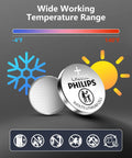 Five Pack CR2032 3V Lithium Coin Cell Batteries With Ten Year Shelf Life showing working temperature range from -4°F to 140°F.