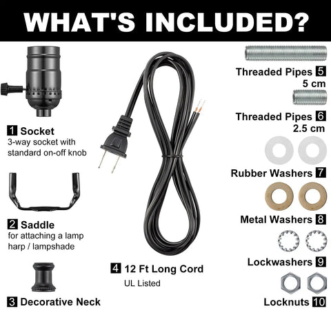 Black Lamp Wiring Kit For DIY Repairs 12 Ft Lamp Cord Replacement With 3 Way Socket Harp Base Decorative Neck Threaded Pipes Washers