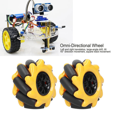 Mecanum wheel pair, 48mm, yellow wheels with black rollers, rubber-coated ABS for building-block DIY robot cars