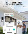 Smartphone showing intercom options, man delivers package, 3MP Wireless Video Doorbell With 2K HD Footage No Monthly Fees installed on wall.