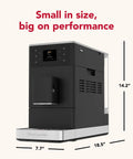 Compact Fully Automatic Espresso And Iced Coffee Maker With One Touch Brewing High Pressure Pump and Rapid Milk Frother side view with dimensions.