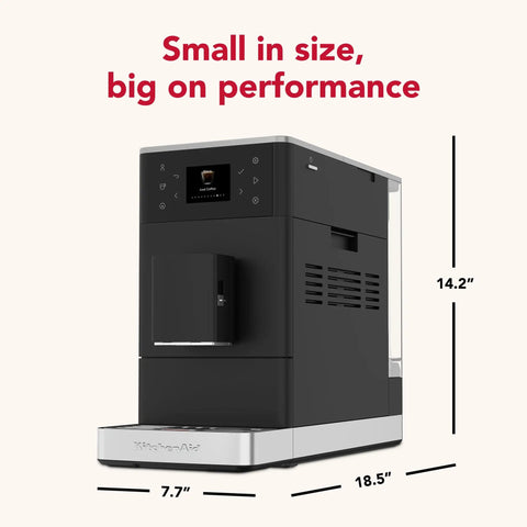 Compact Fully Automatic Espresso And Iced Coffee Maker With One Touch Brewing High Pressure Pump and Rapid Milk Frother side view with dimensions.