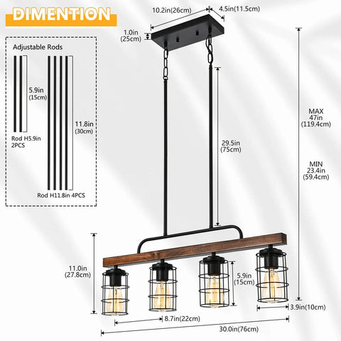 Rustic Linear Pendant Lighting For Kitchen Island And Dining Room With A Black Metal And Wood Finish, dimensions and adjustable rods