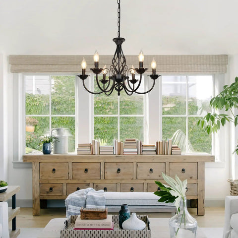 Six Light Farmhouse Candle Chandelier For Living Room And Kitchen in cozy farmhouse decor, matte black, rustic industrial design.