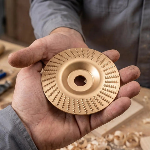 Duper Smooth 6pc Angle Grinder Wood Carving Discs With Vibration Reduction High Elastic Cushion For Easy Shaping Polishing And Grinding Long Sessions, showing a detailed carving disc with a textured surface.