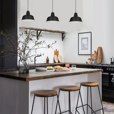 Black Industrial Pendant Lights Set Of 3 Modern Farmhouse Ceiling Fixtures in a cozy kitchen ambiance