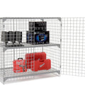 Heavy Duty Wire Mesh Security Locker Two Door Build With Height Adjustable Shelf And Padlock Compatible Latch Rock Solid Construction No Fuss Setup Ample Storage Space Gray with tools stored inside.