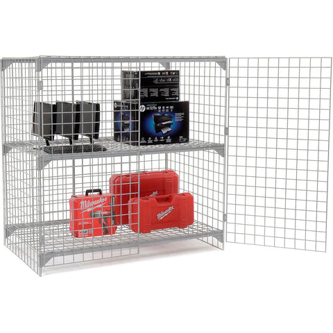 Heavy Duty Wire Mesh Security Locker Two Door Build With Height Adjustable Shelf And Padlock Compatible Latch Rock Solid Construction No Fuss Setup Ample Storage Space Gray with tools stored inside.