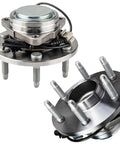 Pair Of Front Wheel Hub And Bearing Assemblies 515097 Direct Replacement For 2007 To 2014 2WD Vehicles Front Hubs For Large GM Trucks And SUVs Fits Silverado Sierra Tahoe Suburban Avalanche Yukon Escalade ESV EXT 2 Pack, showing two metal assemblies with bolts and wiring.
