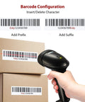Person using Wired Barcode Scanner With Adjustable Stand And Auto Sensor 1D USB Laser Scanner For Windows Mac Linux Plug And Play Handheld Barcode Reader For Store Supermarket Warehouse Library on boxes.