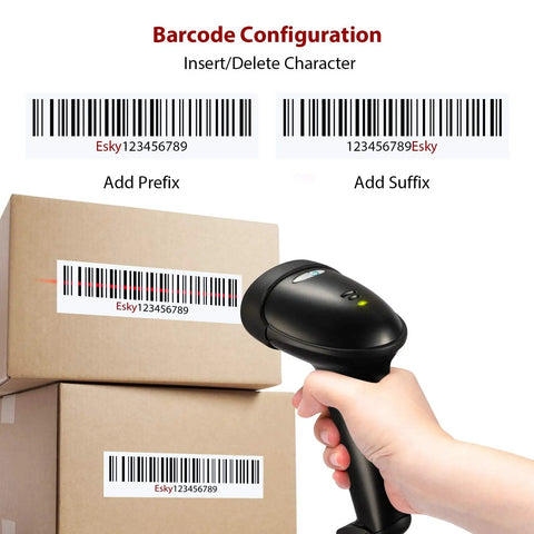 Person using Wired Barcode Scanner With Adjustable Stand And Auto Sensor 1D USB Laser Scanner For Windows Mac Linux Plug And Play Handheld Barcode Reader For Store Supermarket Warehouse Library on boxes.